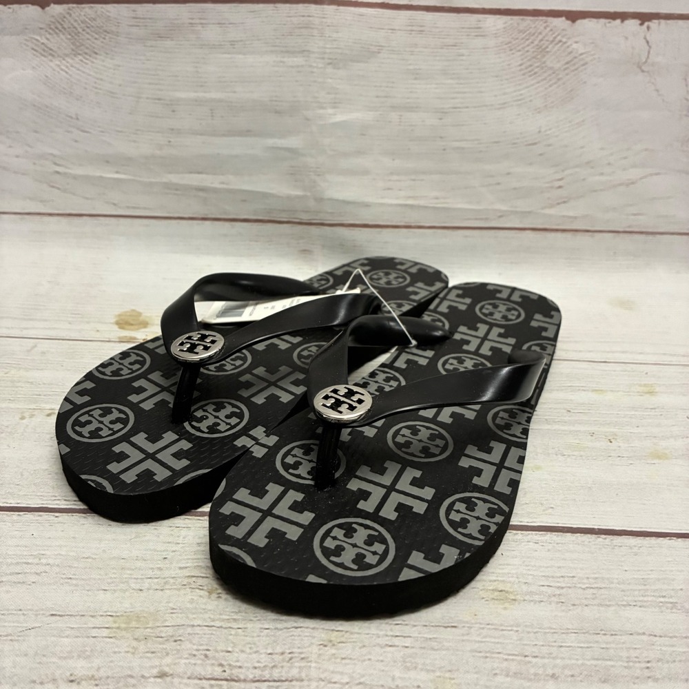 Tory Burch Flip Flops Womens 5 Black Logo Square Toe Sandals New 90008651